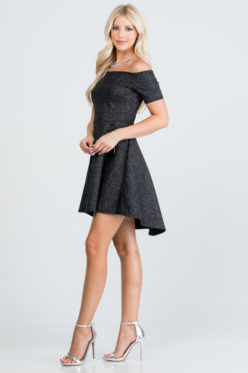 SHORT SLEEVE HIGH LOW OFF THE SHOULDER DRESS