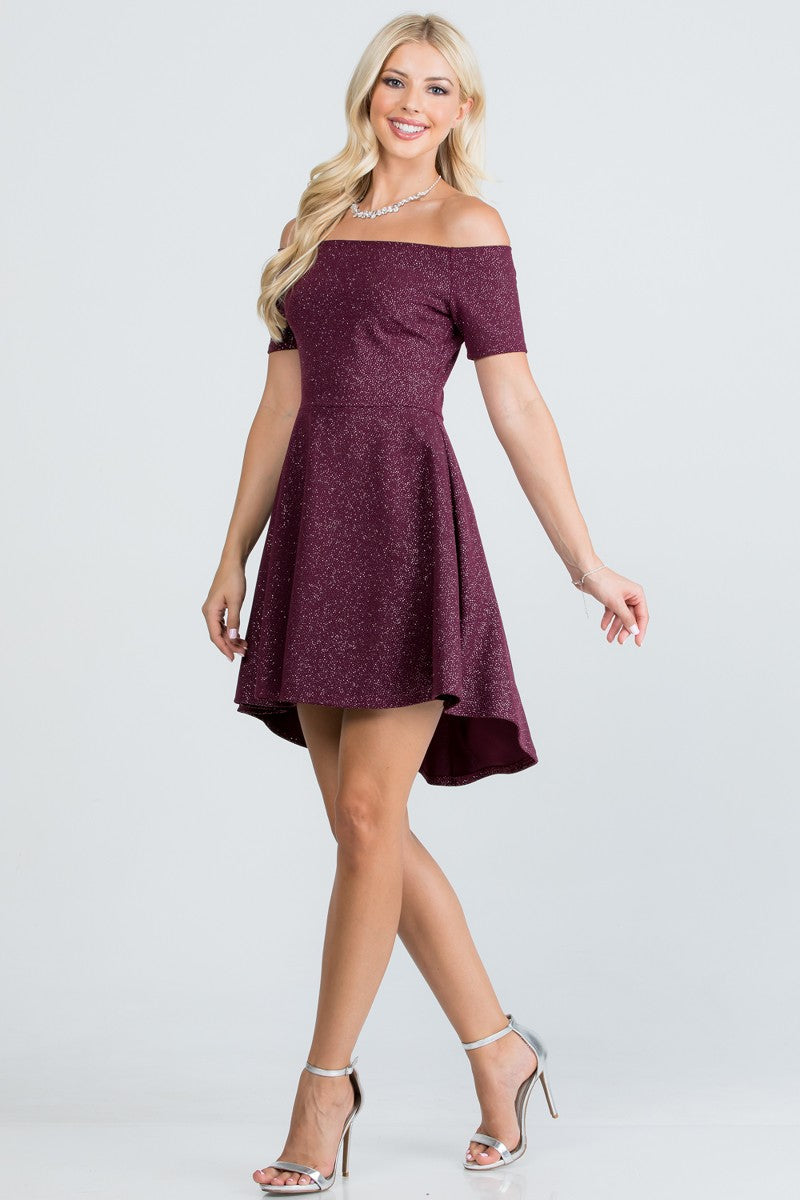 SHORT SLEEVE HIGH LOW OFF THE SHOULDER DRESS