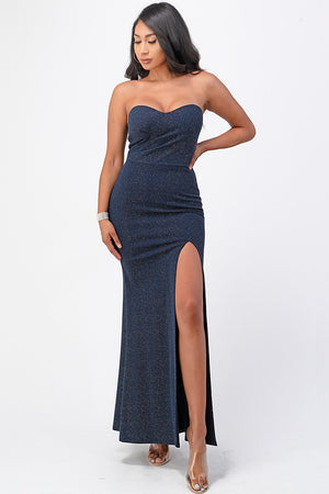 SHIMMER STRAPLESS TUBE DRESS W SLIT
