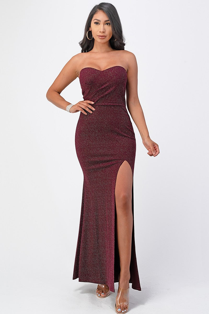SHIMMER STRAPLESS TUBE DRESS W SLIT