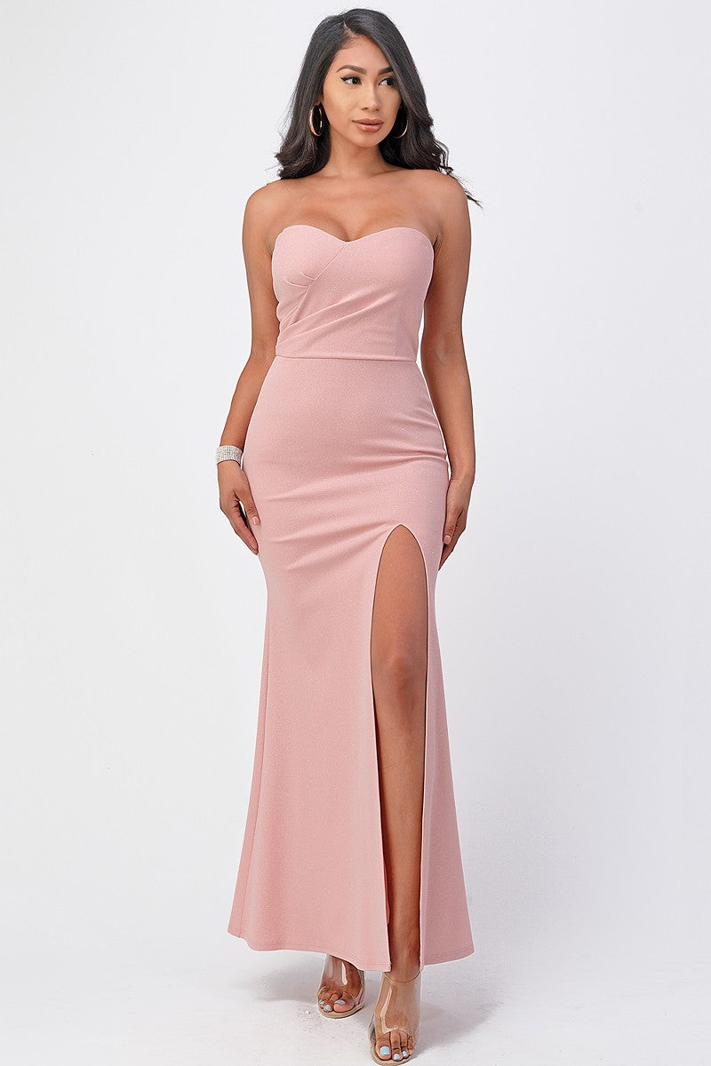 SHIMMER STRAPLESS TUBE DRESS W SLIT