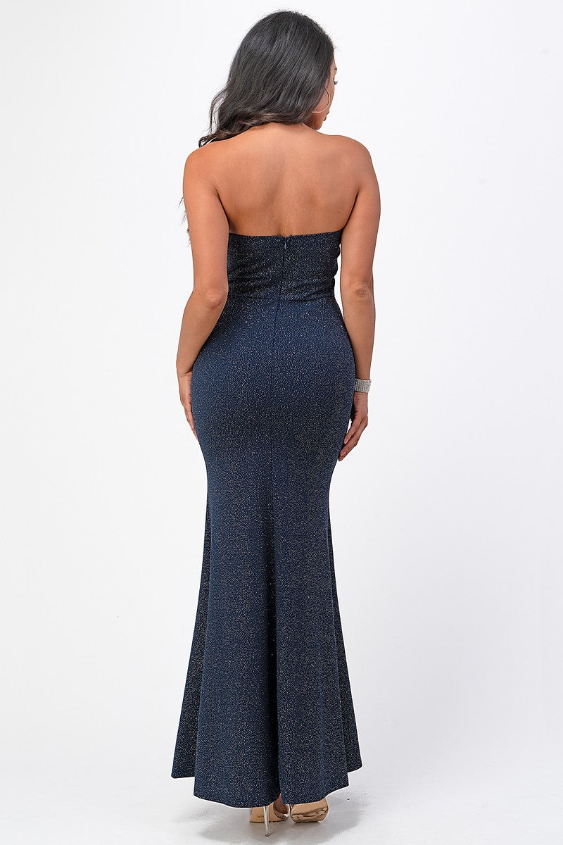 SHIMMER STRAPLESS TUBE DRESS W SLIT