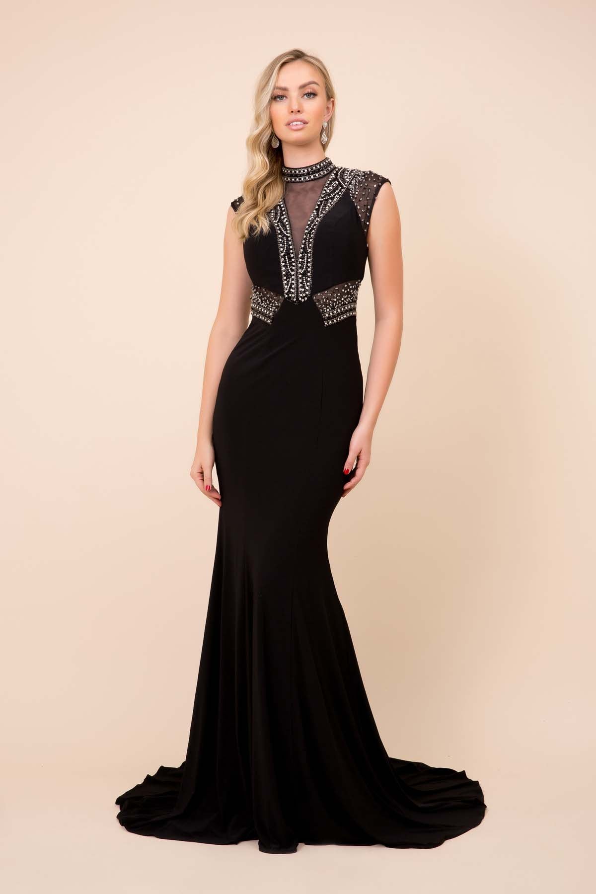 HEAVY BEADED ILLUSION PANEL LONG EVENING GOWN