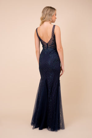 LONG SLEEVELESS MERMAID DRESS WITH DEEP V-NECK