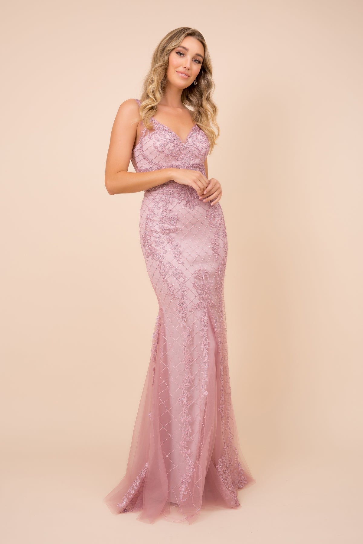 LONG SLEEVELESS MERMAID DRESS WITH DEEP V-NECK