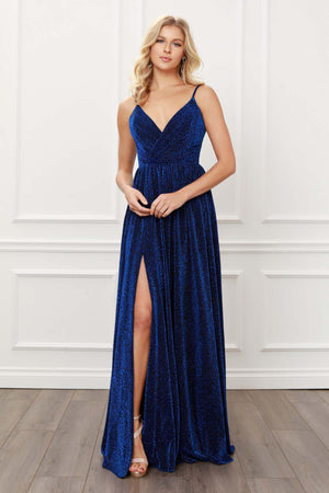 A-LINE GOWN WITH GLITTER V NECK SPAGHETTI STRAPS