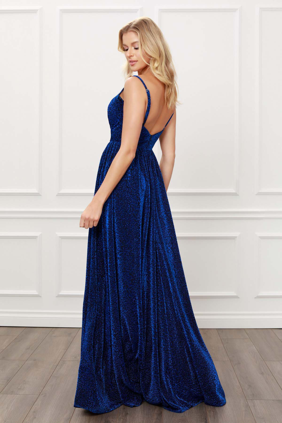 A-LINE GOWN WITH GLITTER V NECK SPAGHETTI STRAPS