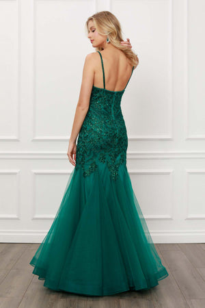 LACE FIT-AND-FLARE GRAPHIC DETAILED LACE AND SEQUIN MERMAID GOWN