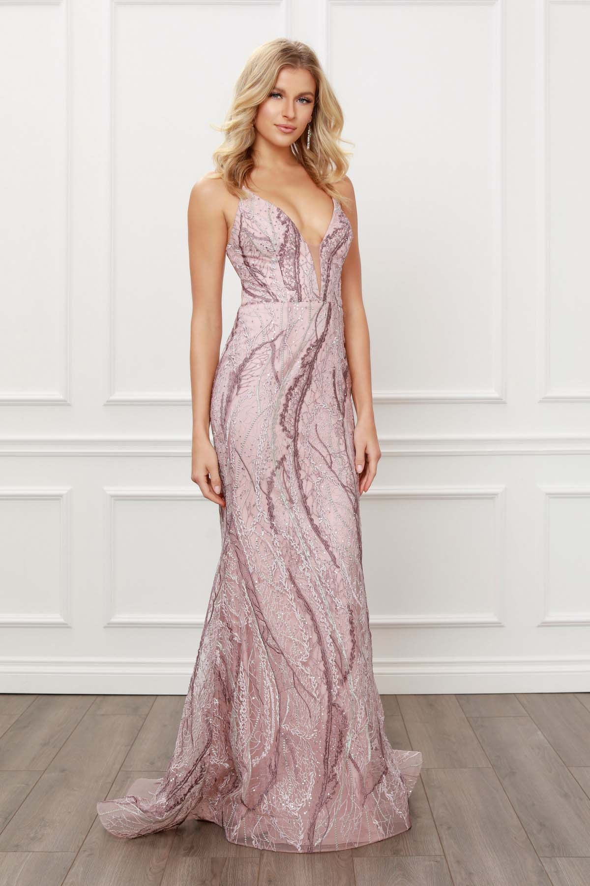 FLORAL EMBELLISHED V NECK GOWN