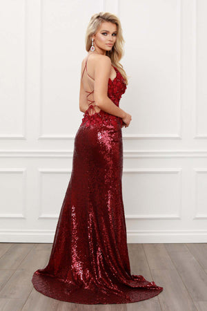SEQUINED LONG GOWN WITH FLORAL AND BEAD EMBELLISHMENTS