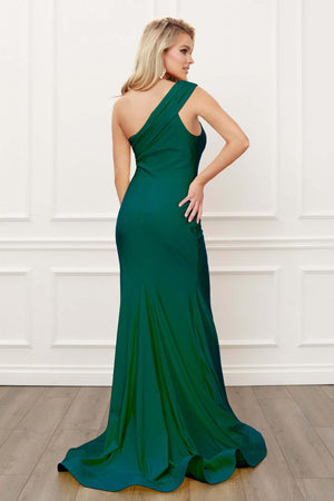 ONE SHOULDER RUCHED MERMAID HIGH SLIT EVENING GOWN