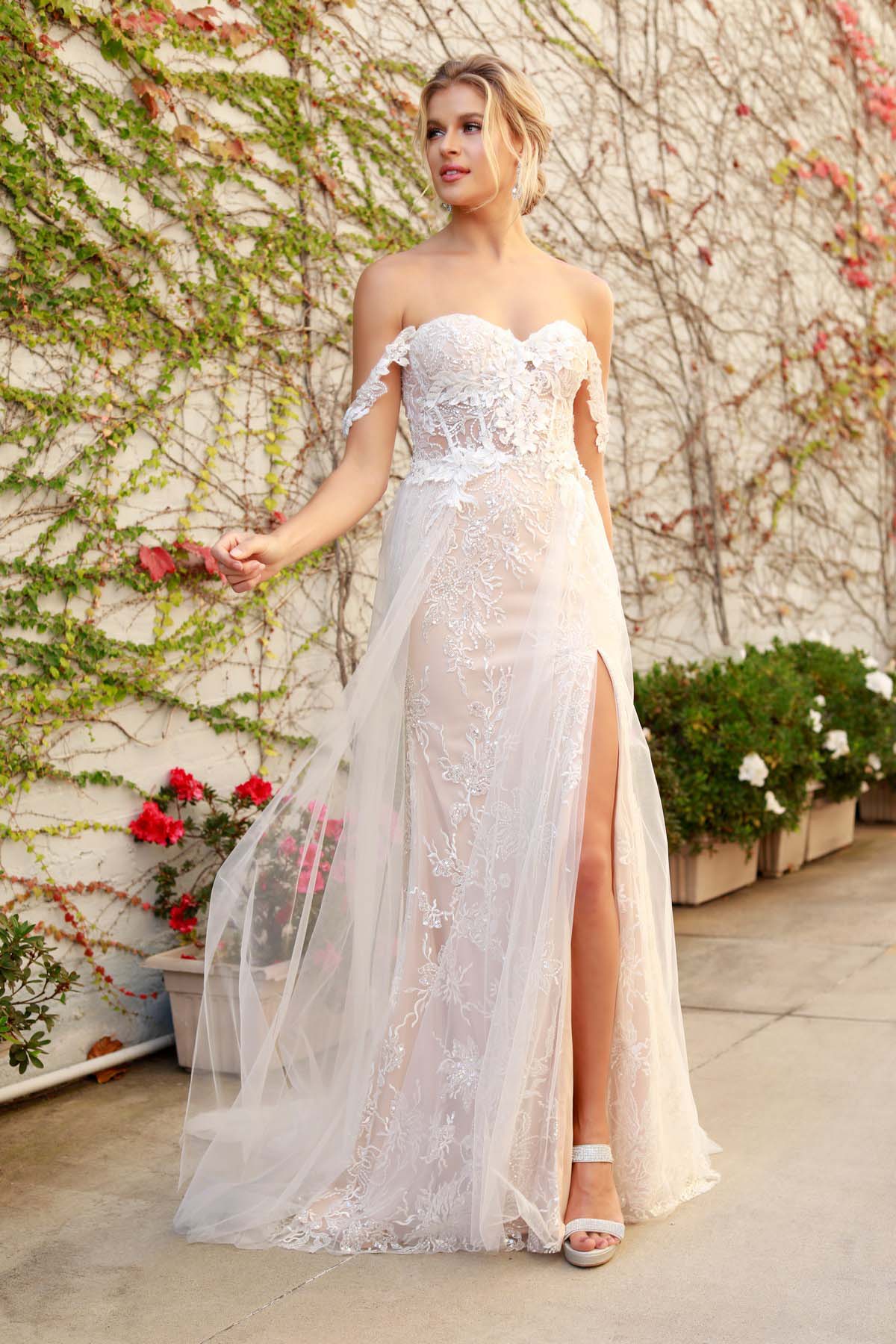 OFF SHOULDER BOHO INSPIRED TULLE LAYERS A-LINE GOWN