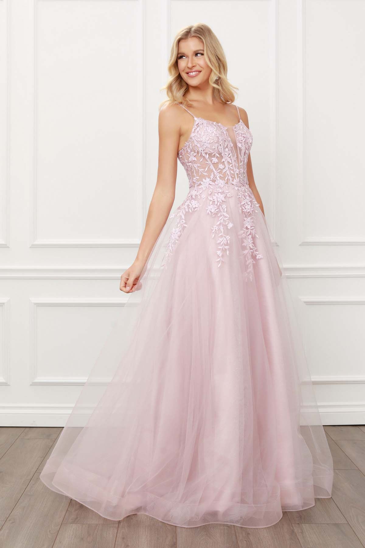 A LINE GOWN WITH FLORAL EMBELLISHED & BEADED BODICE