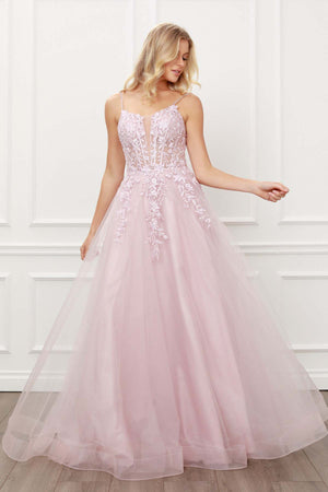 A LINE GOWN WITH FLORAL EMBELLISHED & BEADED BODICE