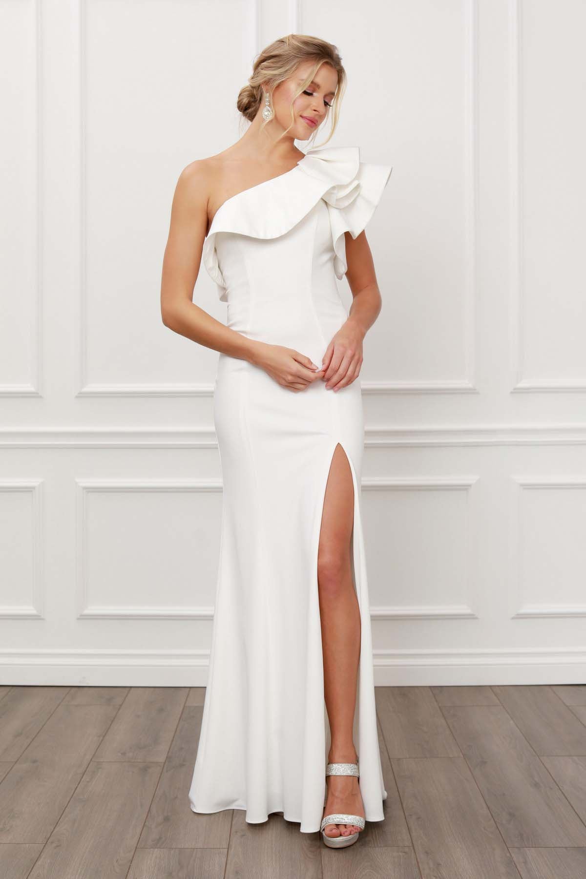 ONE SHOULDER RUFFLE OVERLAY TRUMPET LONG GOWN