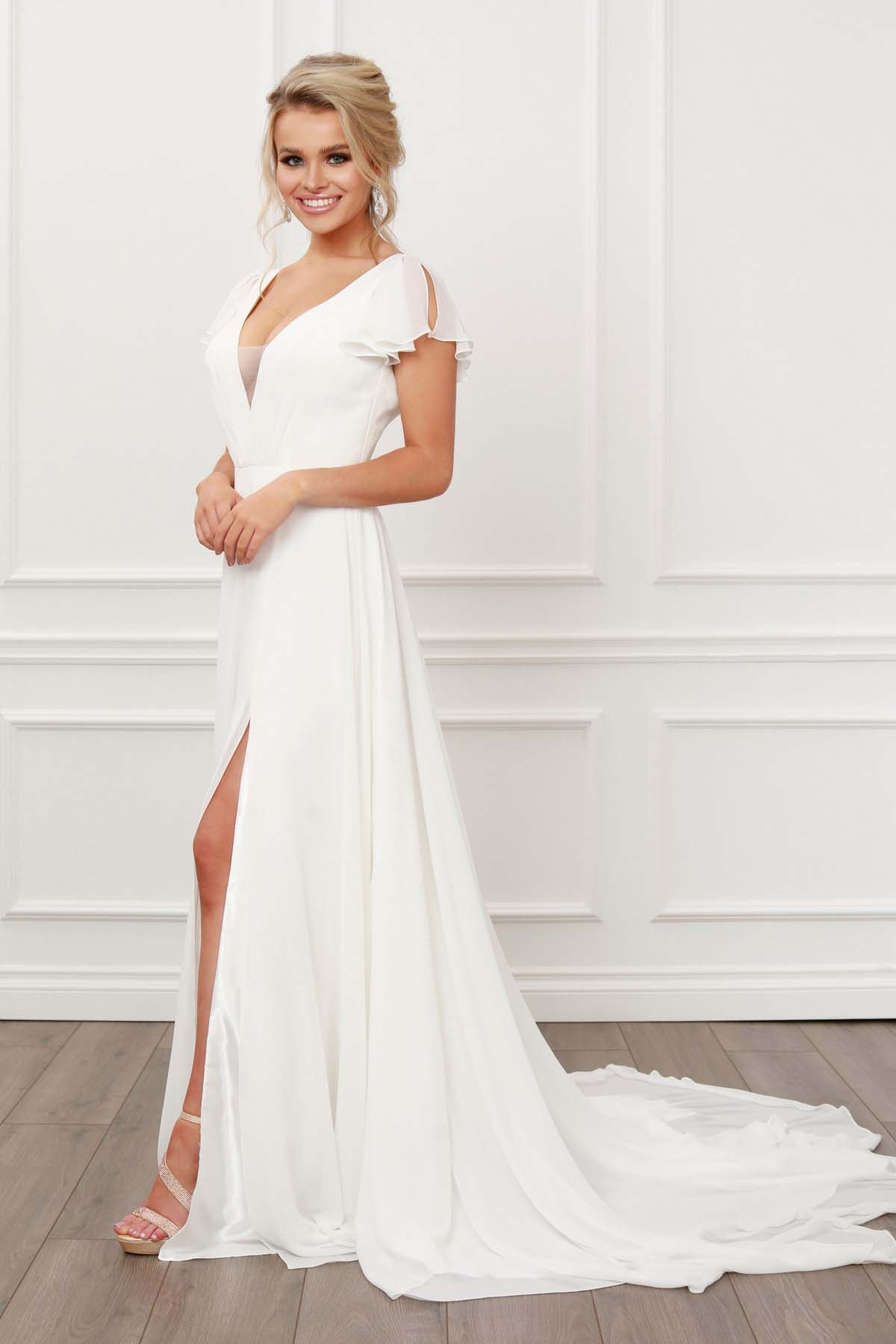 CROSS V NECK WITH CUTOUT SHORT SLEEVES A-LINE GOWN
