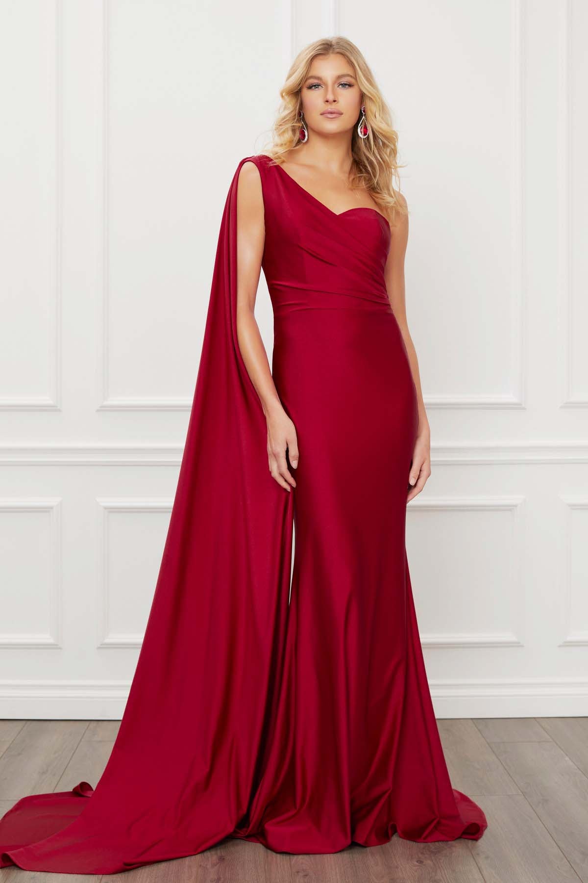 ONE SHOULDER DRAPE SLEEVE MERMAID LONG GOWN
