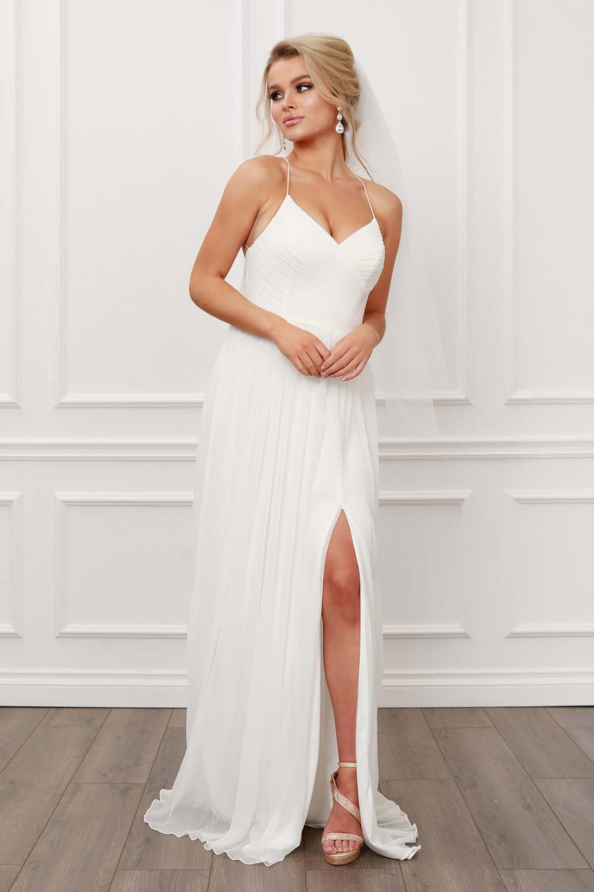 CLASSIC PLEATED V NECK A-LINE LONG GOWN WITH SIDE SLIT