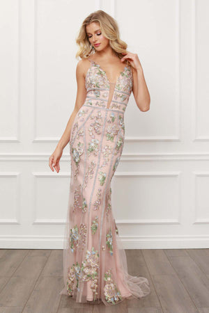 MULTI BEADS AND LACE APPLIQUES FLOOR LENGTH GOWN