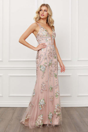 MULTI BEADS AND LACE APPLIQUES FLOOR LENGTH GOWN