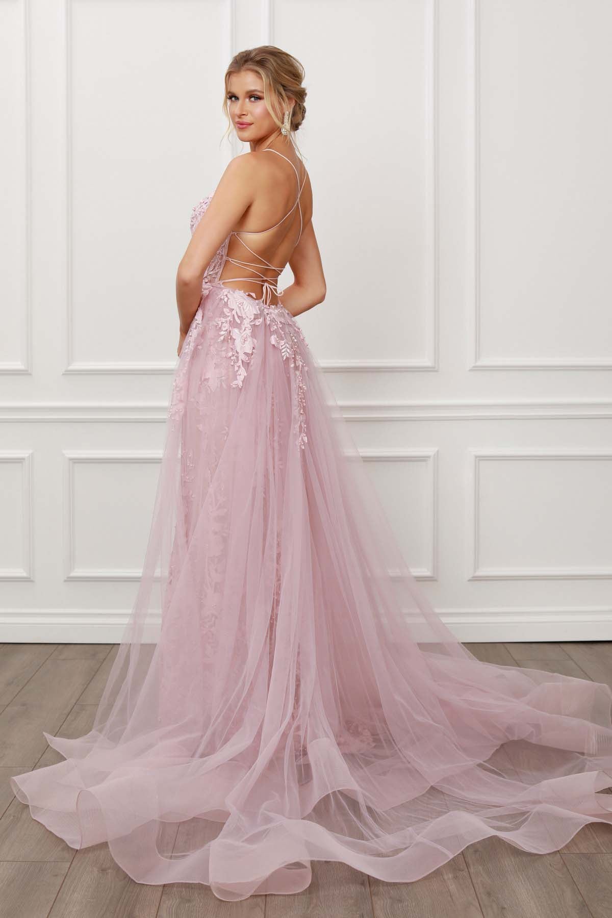 LACE AND BEADS EMBROIDERED MERMAID GOWN WITH OVERSKIRT