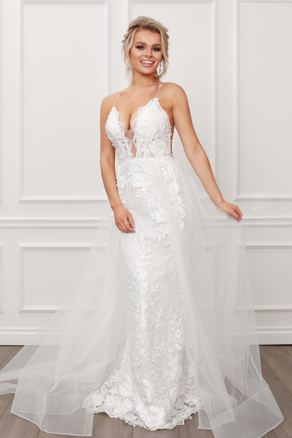 LACE AND BEADS EMBROIDERED MERMAID GOWN WITH OVERSKIRT