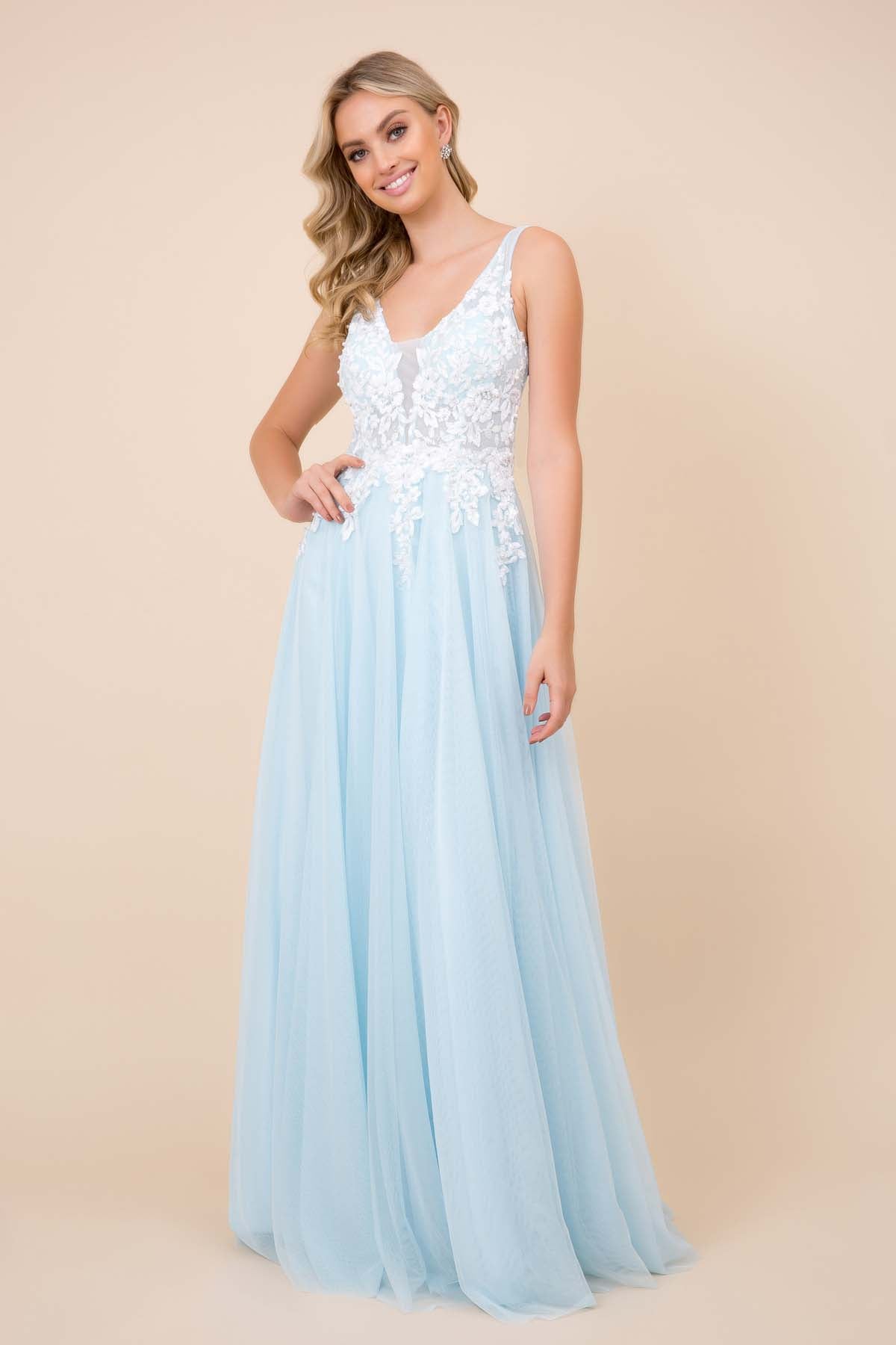 TULLE DRESS WITH EMBROIDERED BODICE AND CUTOUT OPEN BACK