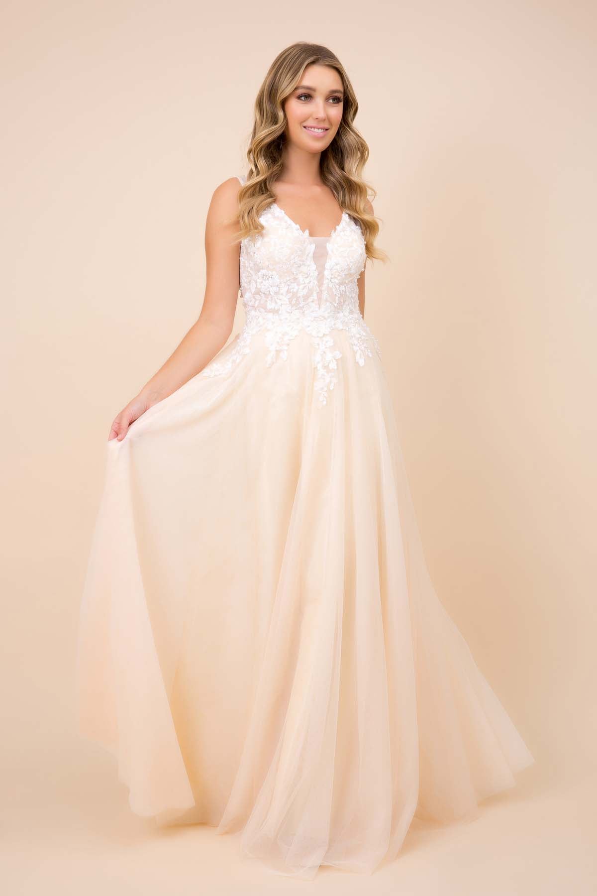 TULLE DRESS WITH EMBROIDERED BODICE AND CUTOUT OPEN BACK