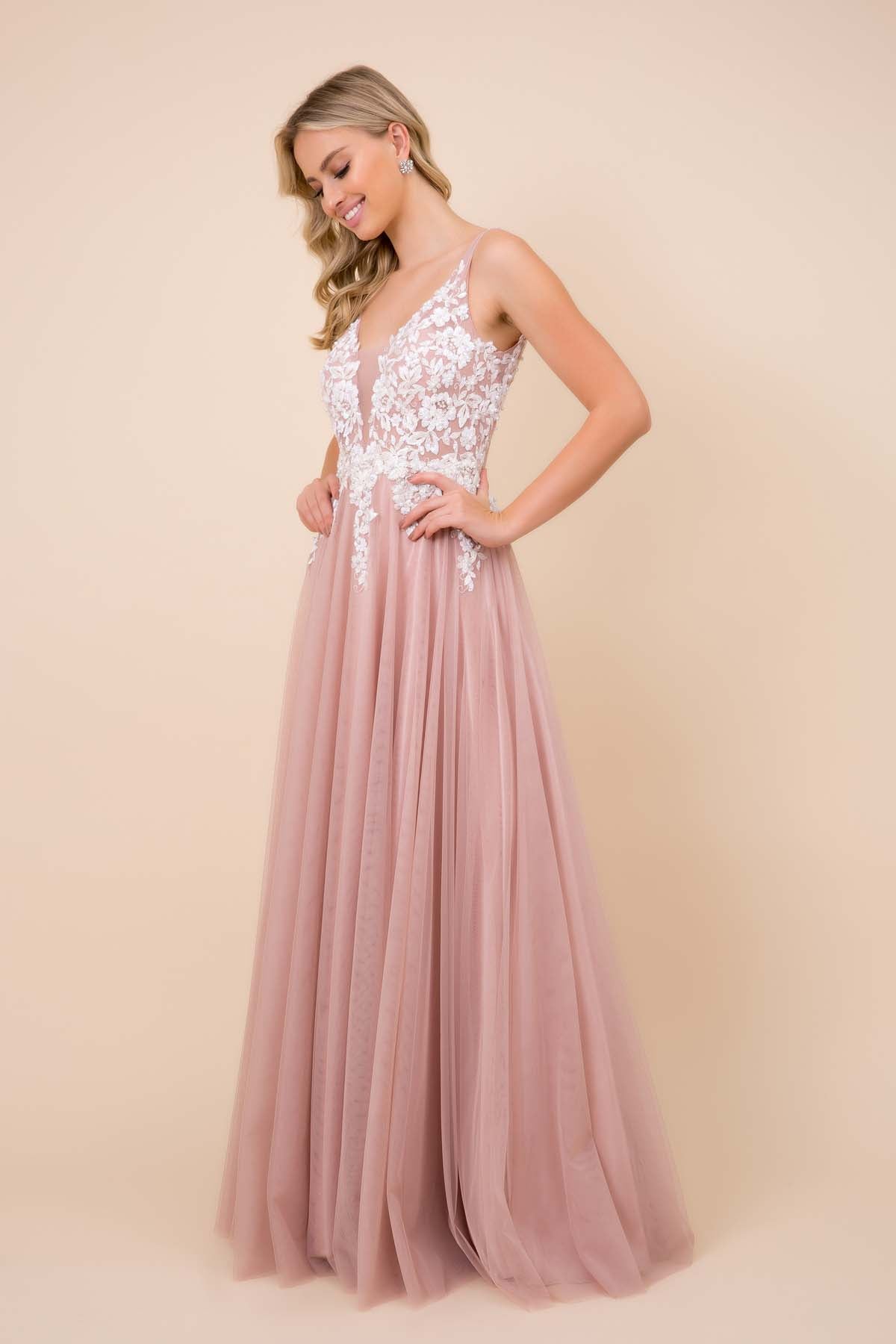 TULLE DRESS WITH EMBROIDERED BODICE AND CUTOUT OPEN BACK
