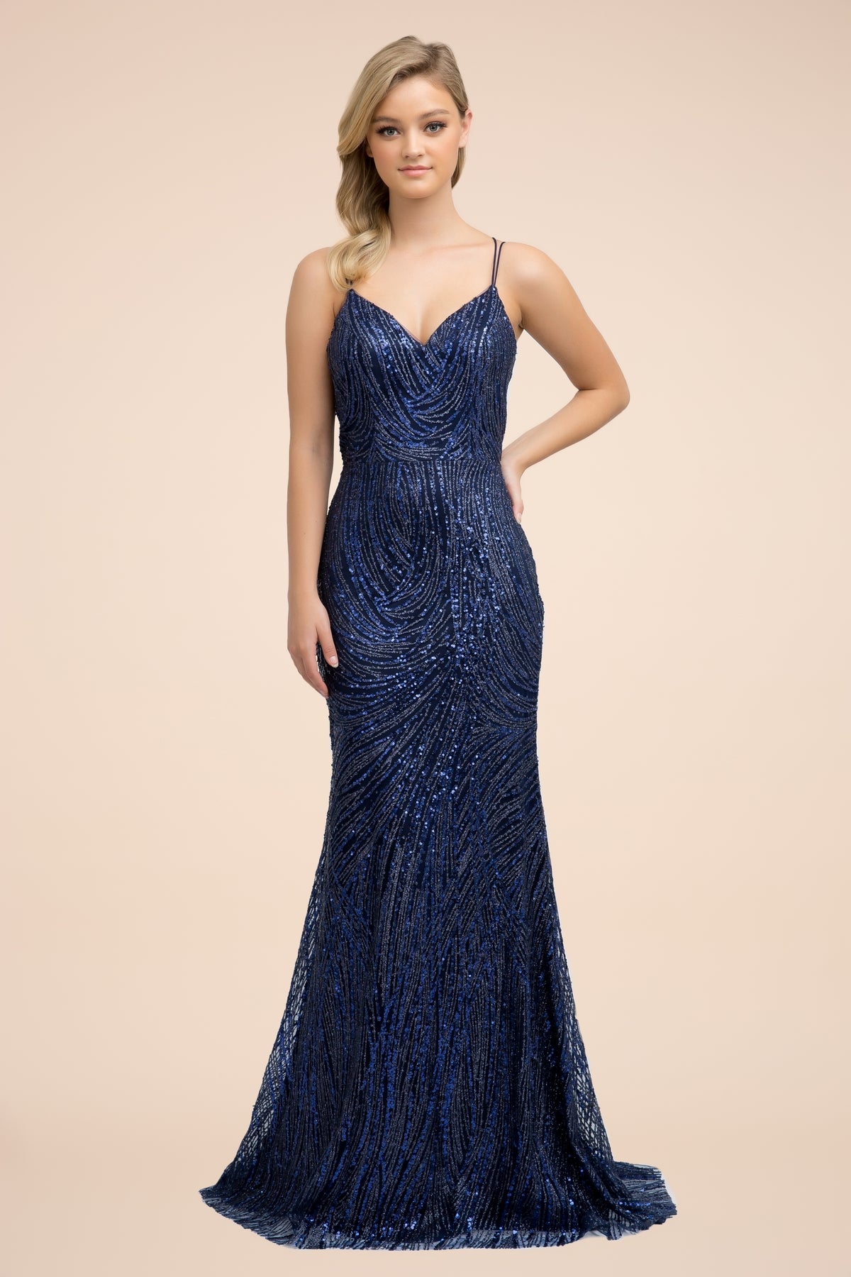 LONG SEQUIN DRESS WITH SPAGHETTI STRAPS